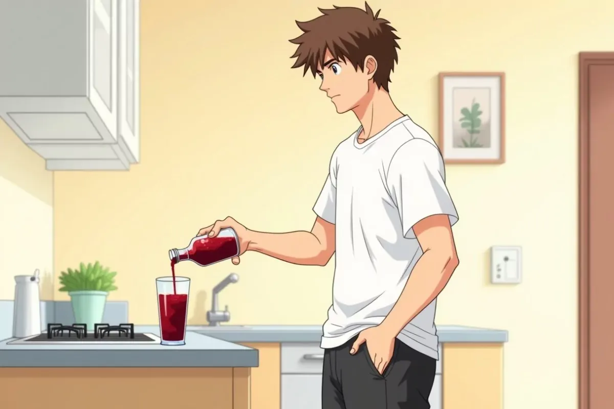 is standing at a kitchen counter pouring dark red tart cherry juice from a bottle into a glass, bright kitchen - Studio Ghibli anime illustration