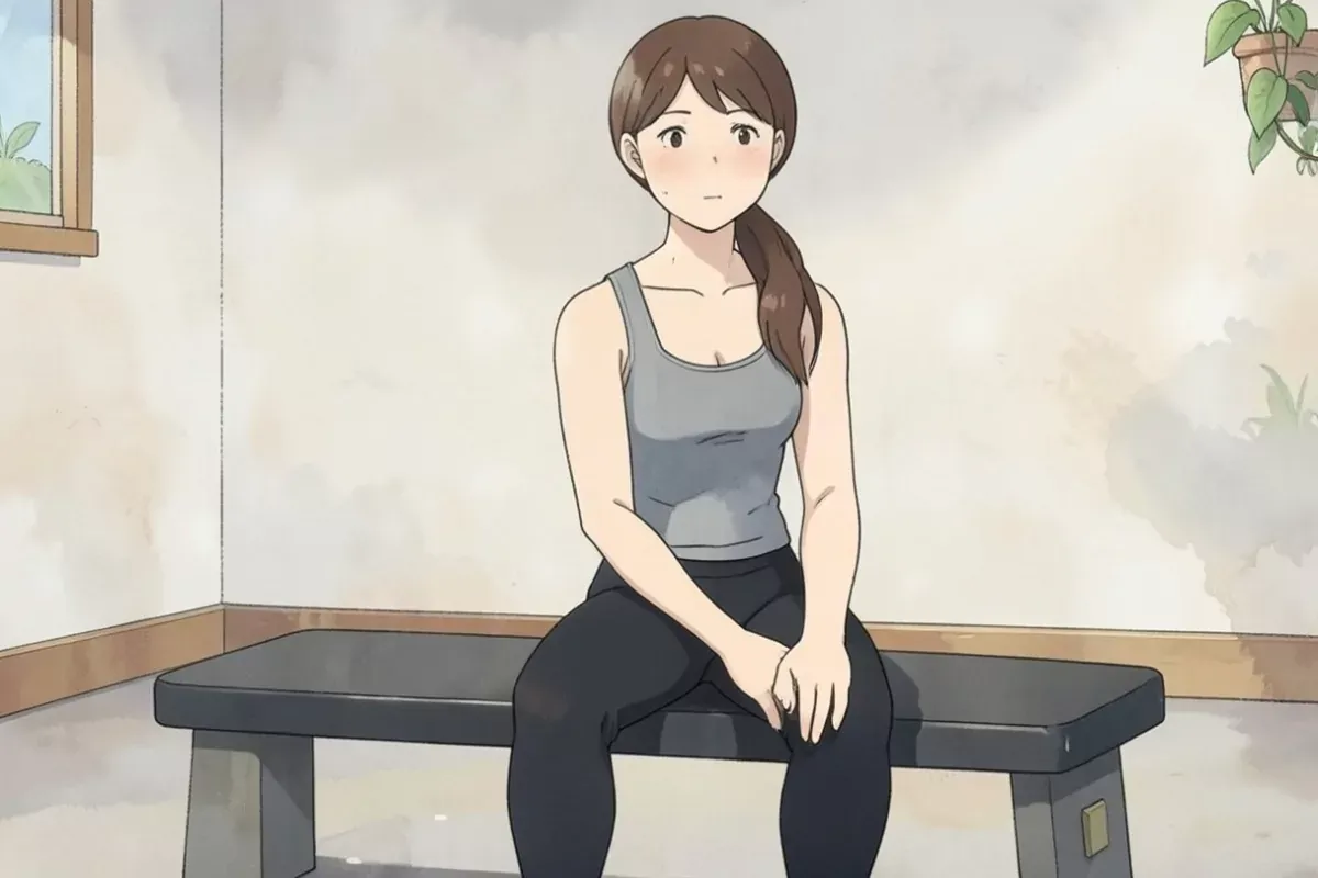 is sitting on a simple flat gym bench indoors, both hands resting on her own knees, calm expression, indoor gym, no other people anywhere - Studio Ghi