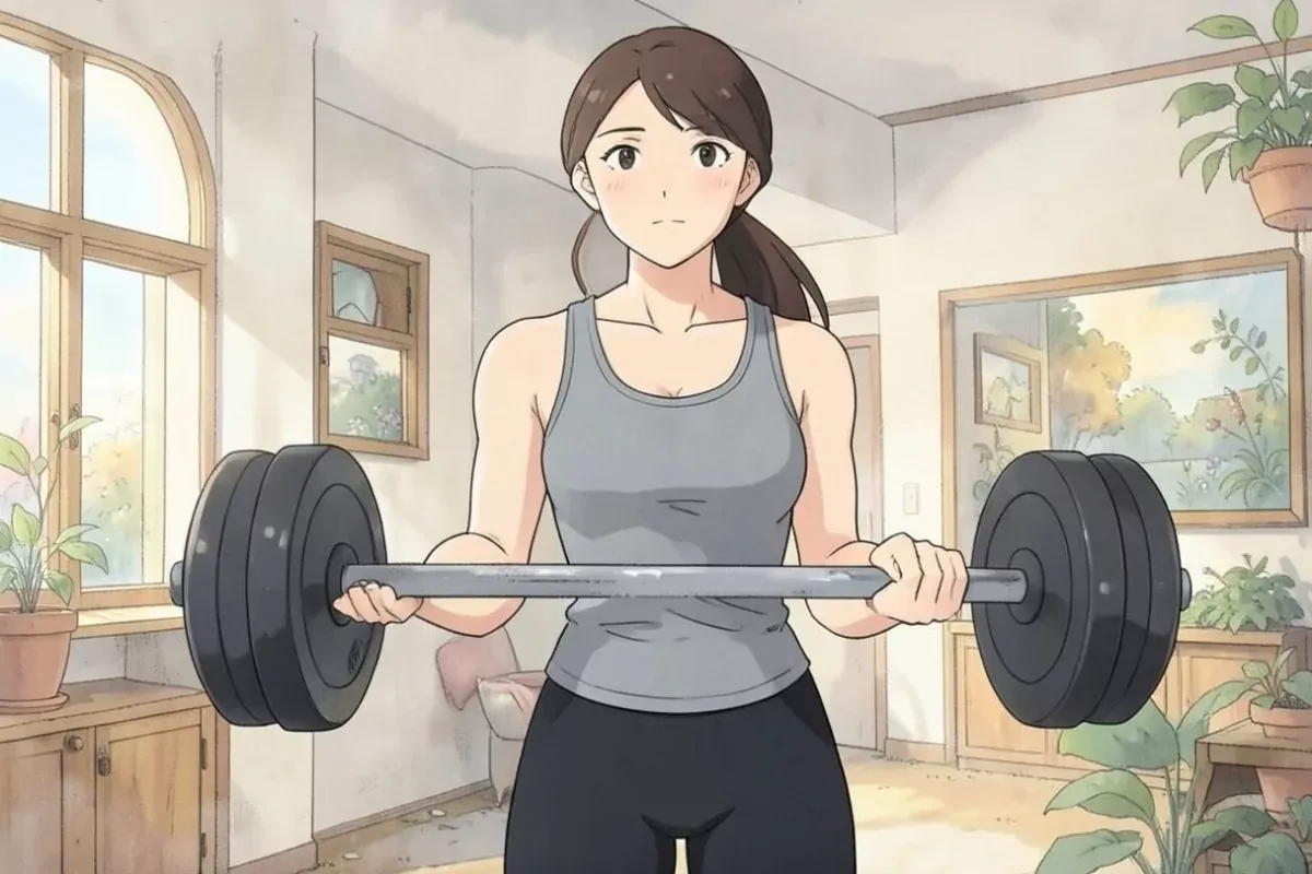 is standing indoors holding a plain barbell with both hands in a bicep curl starting position, fingers wrapped firmly around the bar, indoor gym, no o