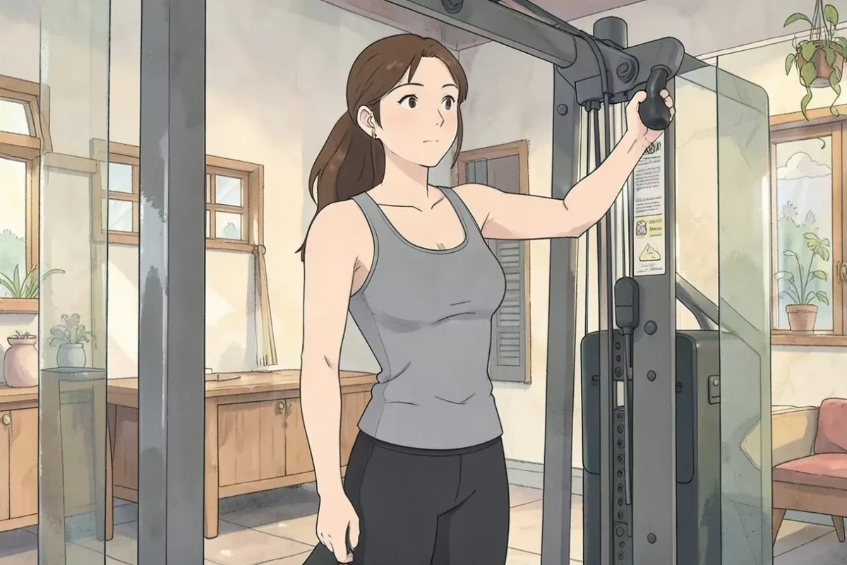 is standing indoors at a cable machine, one hand gripping the machine handle which is directly attached to the visible cable and pulley, other hand re