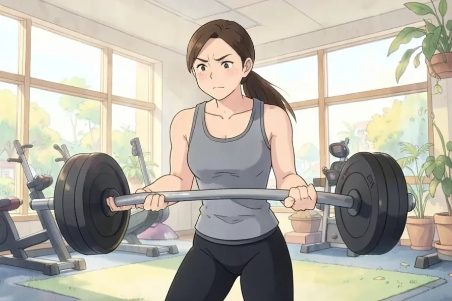 training to failure - a woman gripping a barbell mid rep in a bright gym, straining through the last rep - Studio Ghibli anime illustration