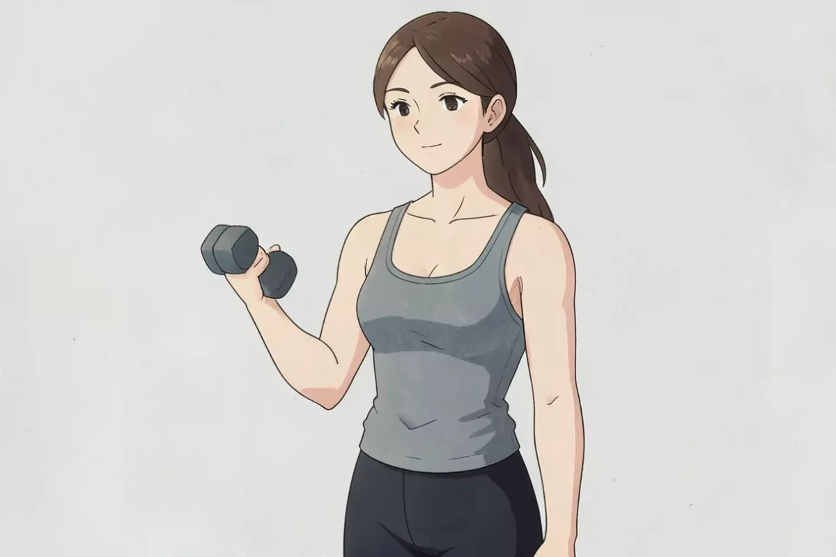 is doing a dumbbell shoulder press with both hands, one dumbbell in each hand, straining expression on the last rep, bright gym - Studio Ghibli anime