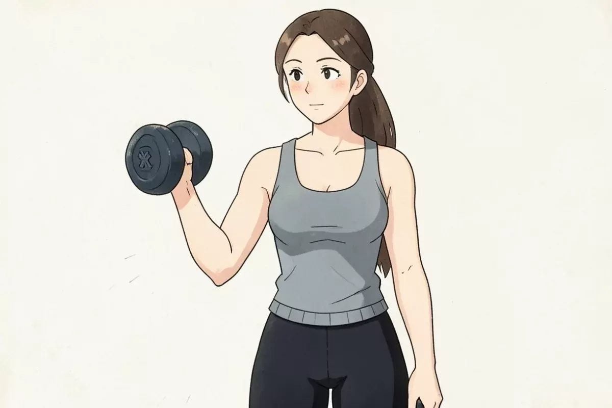 is sitting on a bench catching her breath with both hands resting on her knees, sweaty, bright gym after a hard set - Studio Ghibli anime illustration