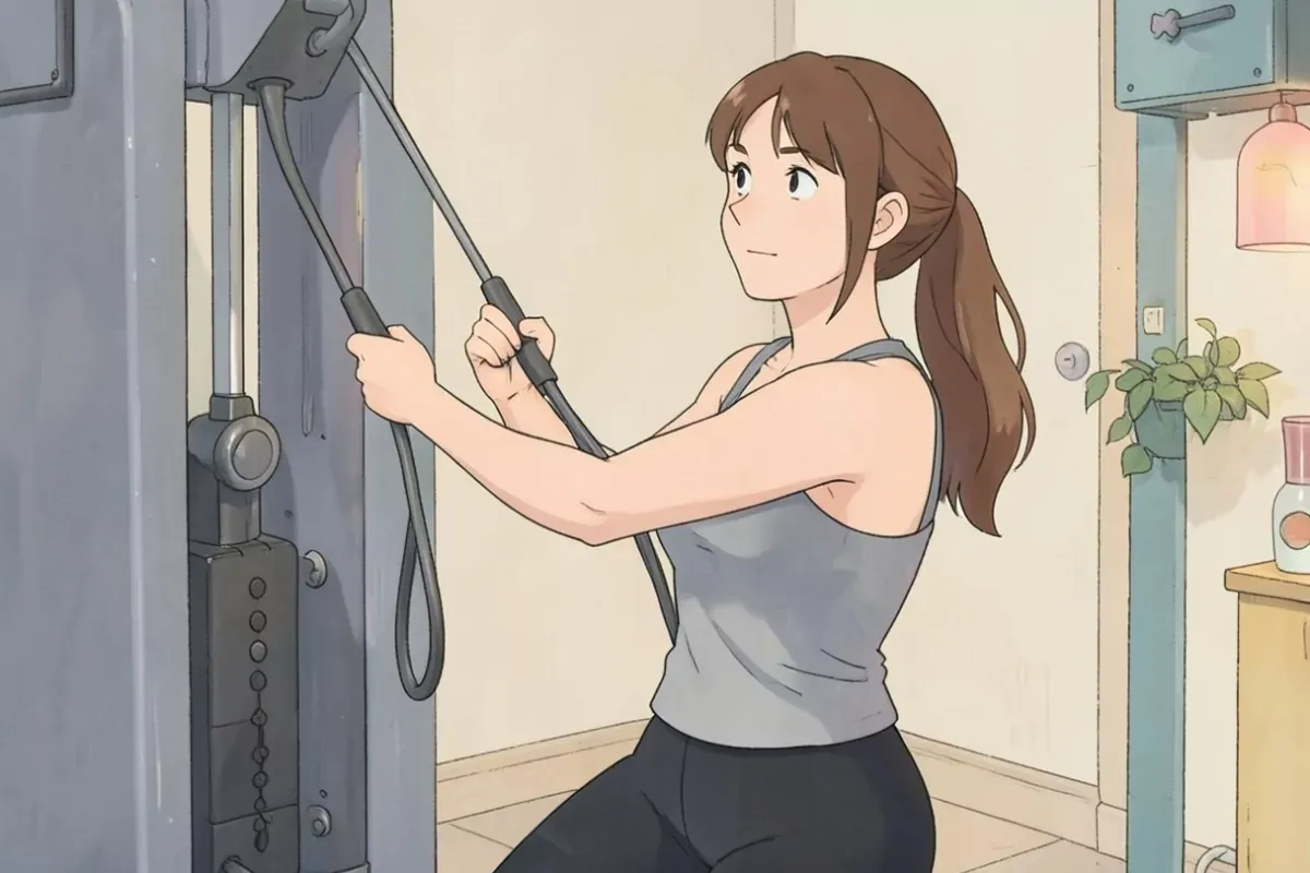 is doing a leg press on a machine, both hands gripping the side handles, focused straining expression, bright gym - Studio Ghibli anime illustration