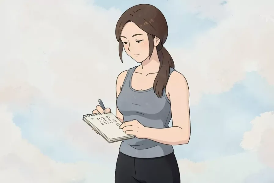 reps and sets to build muscle - a woman writing her workout numbers in a notebook on a gym bench - Studio Ghibli anime illustration
