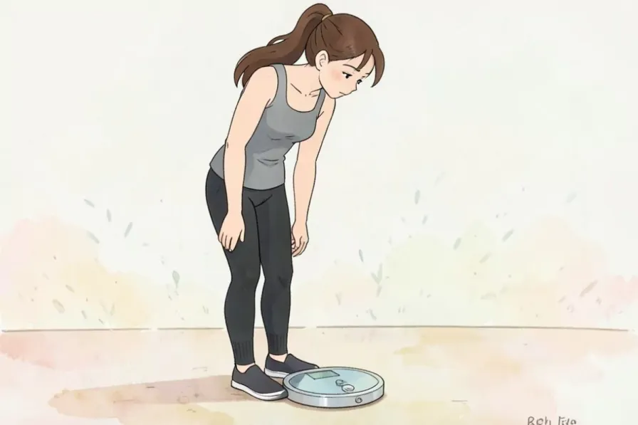 water weight vs fat loss - a woman standing on a bathroom scale looking down at it - Studio Ghibli anime illustration