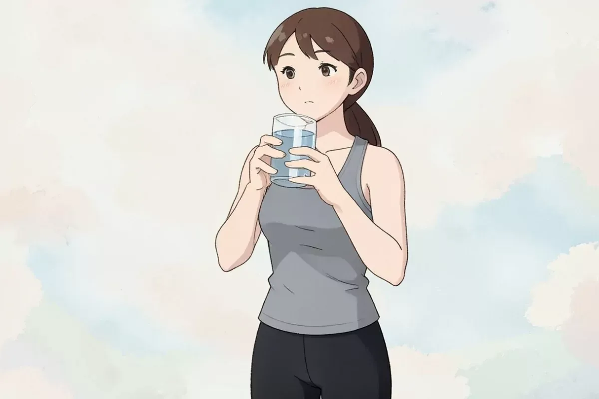 is holding a glass of water with both hands, taking a slow sip, calm expression, bright kitchen - Studio Ghibli anime illustration