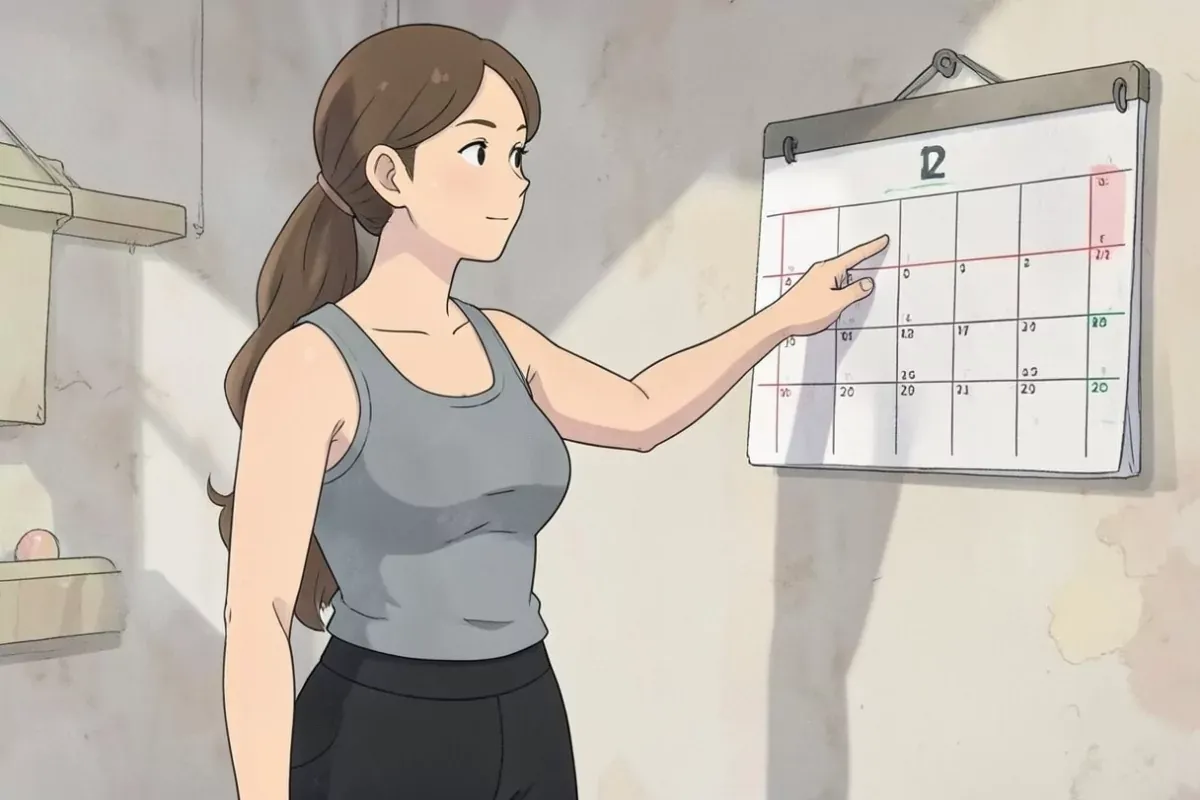 is standing in front of a calendar hanging on the wall, pointing at a marked date with one hand, bright kitchen - Studio Ghibli anime illustration