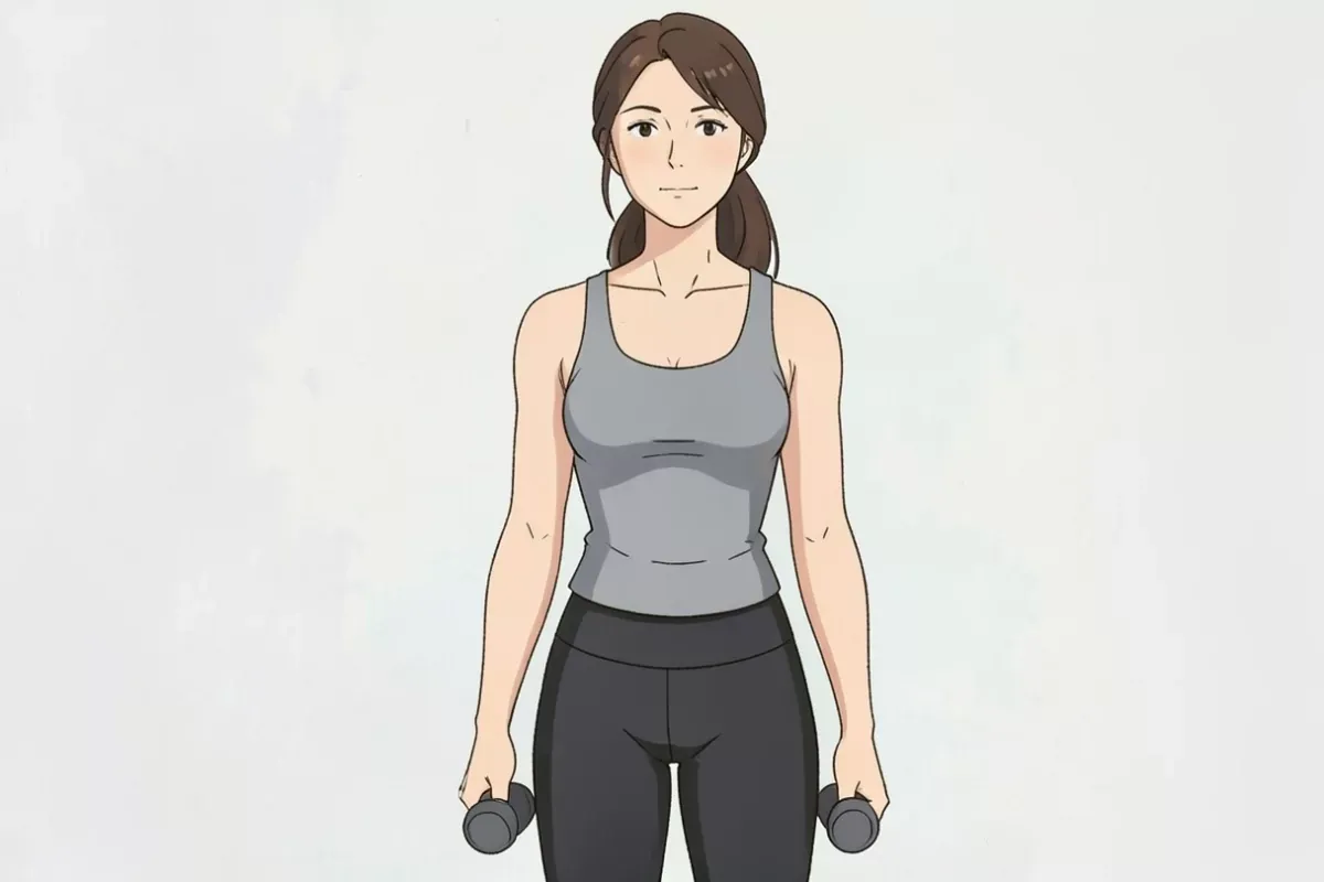 is holding a single compact hand dumbbell in her right hand doing a bicep curl, focused expression, bright indoor gym - Studio Ghibli anime illustrati