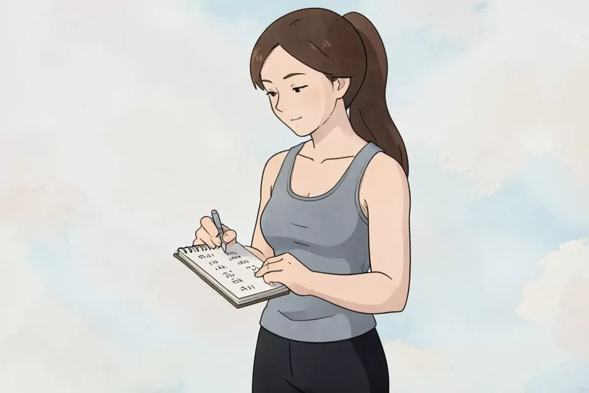 is holding a small notebook and pen with both hands, writing down her weight numbers, sitting on a bench - Studio Ghibli anime illustration
