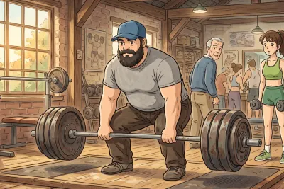 weak looking guy calmly lifting a heavy barbell while other gym-goers stare in surprise