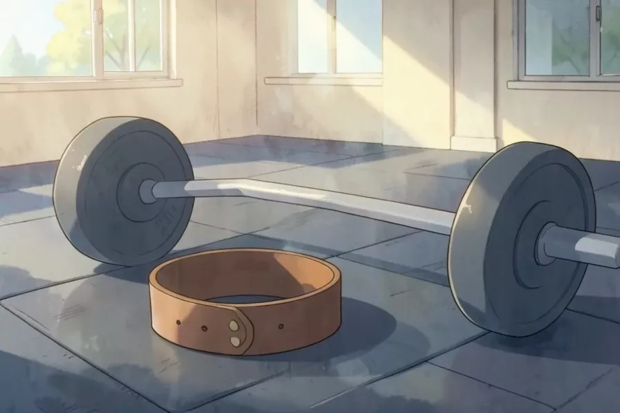 A brown leather weightlifting belt coiled on a gym floor beside a loaded barbell
