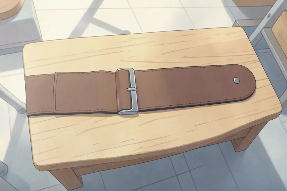 A wide brown leather lifting belt laid flat on a wooden gym bench, seen from above