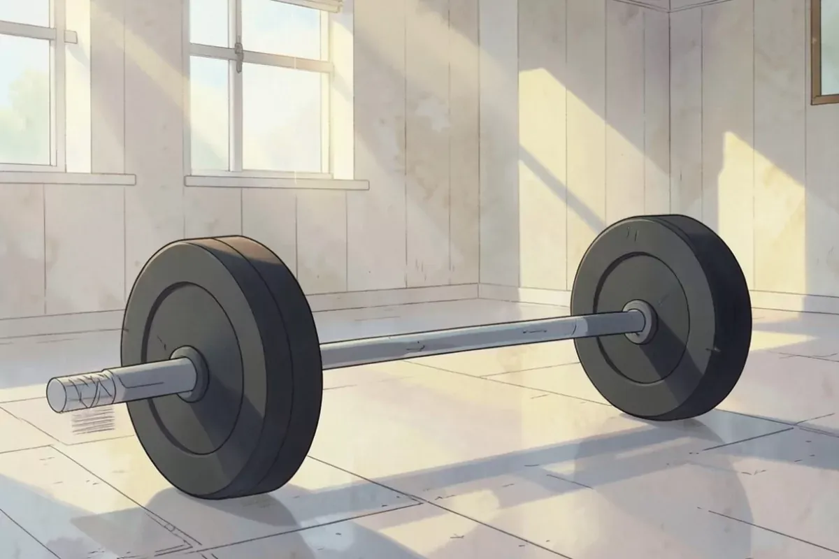 A loaded barbell with black weight plates resting on the floor of an empty gym
