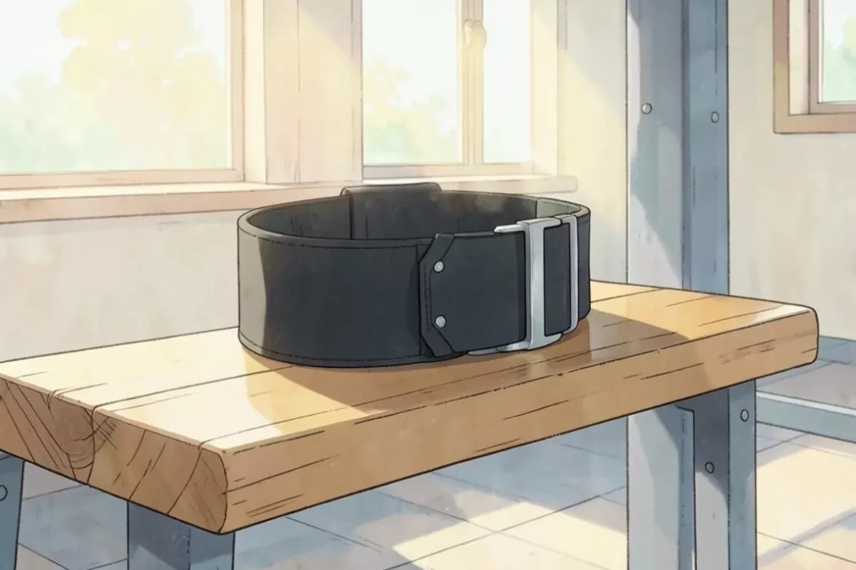 A wide black lifting belt with a metal buckle resting on a wooden gym bench