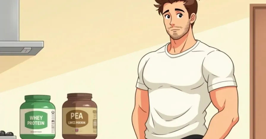 whey protein vs plant protein - a scoop of whey powder next to a scoop of pea protein powder on a kitchen counter - Studio Ghibli anime illustration