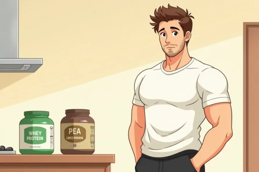 whey protein vs plant protein - a scoop of whey powder next to a scoop of pea protein powder on a kitchen counter - Studio Ghibli anime illustration