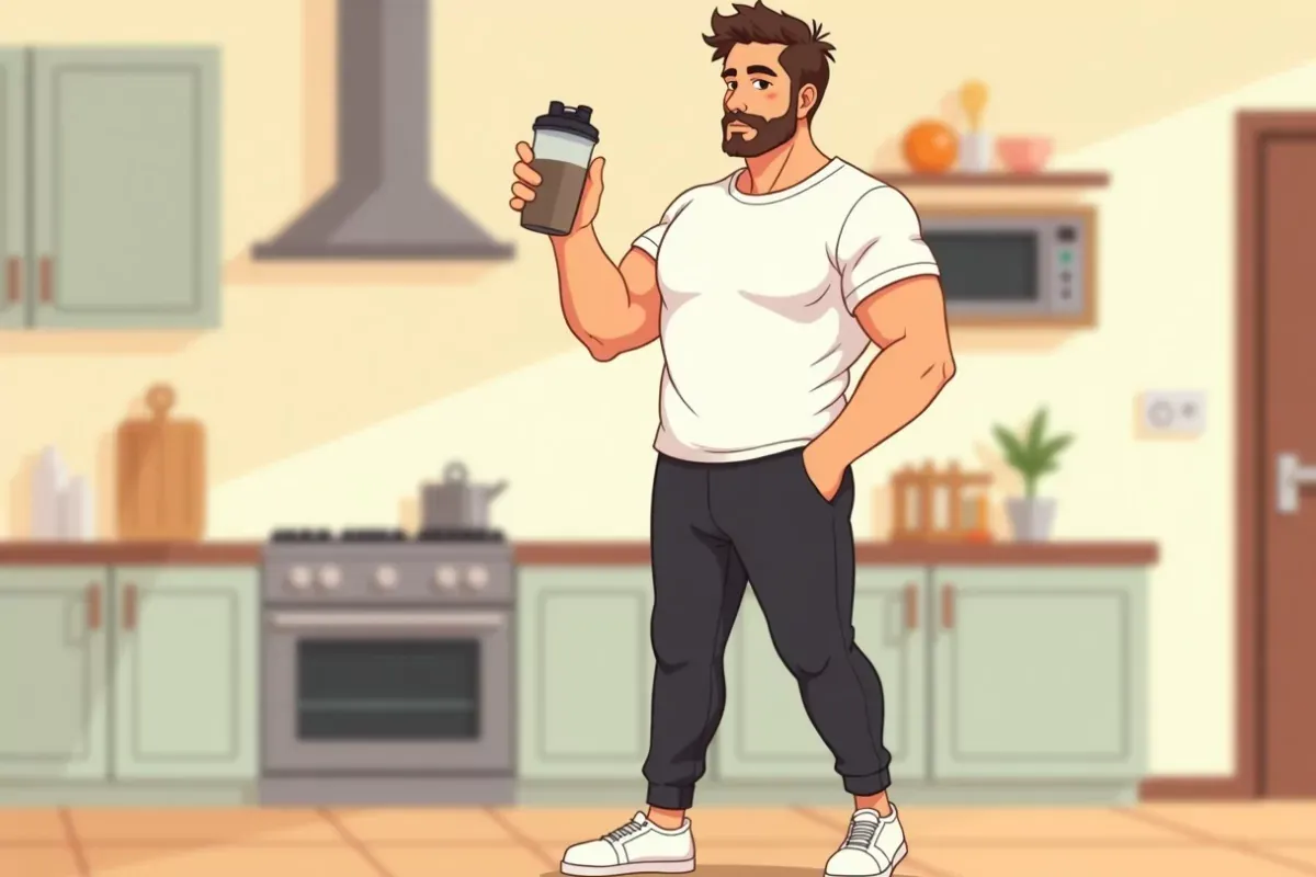 whey protein vs plant protein - is holding a protein shaker bottle in a kitchen - Studio Ghibli anime illustration