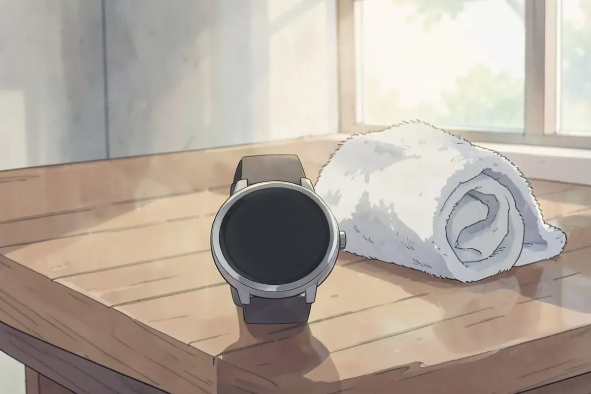 A fitness watch with a blank face resting on a wooden table next to a rolled towel