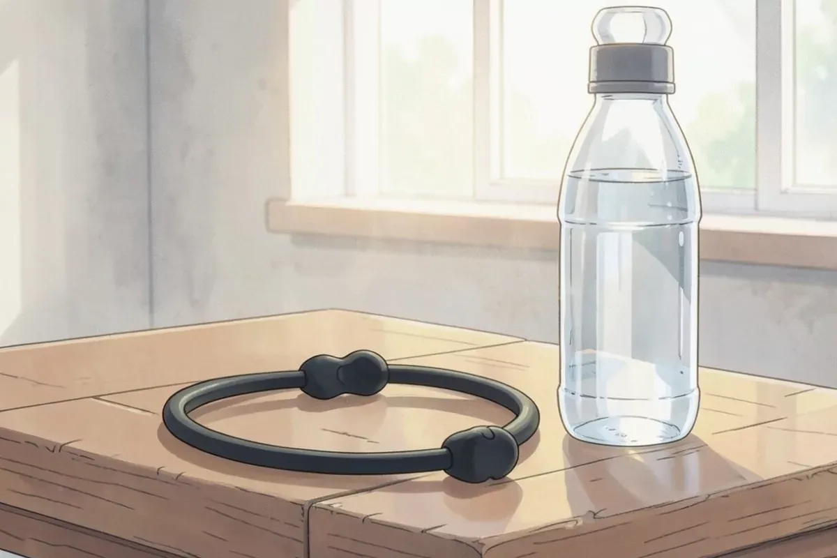 A coiled chest strap heart rate sensor on a wooden table beside a water bottle
