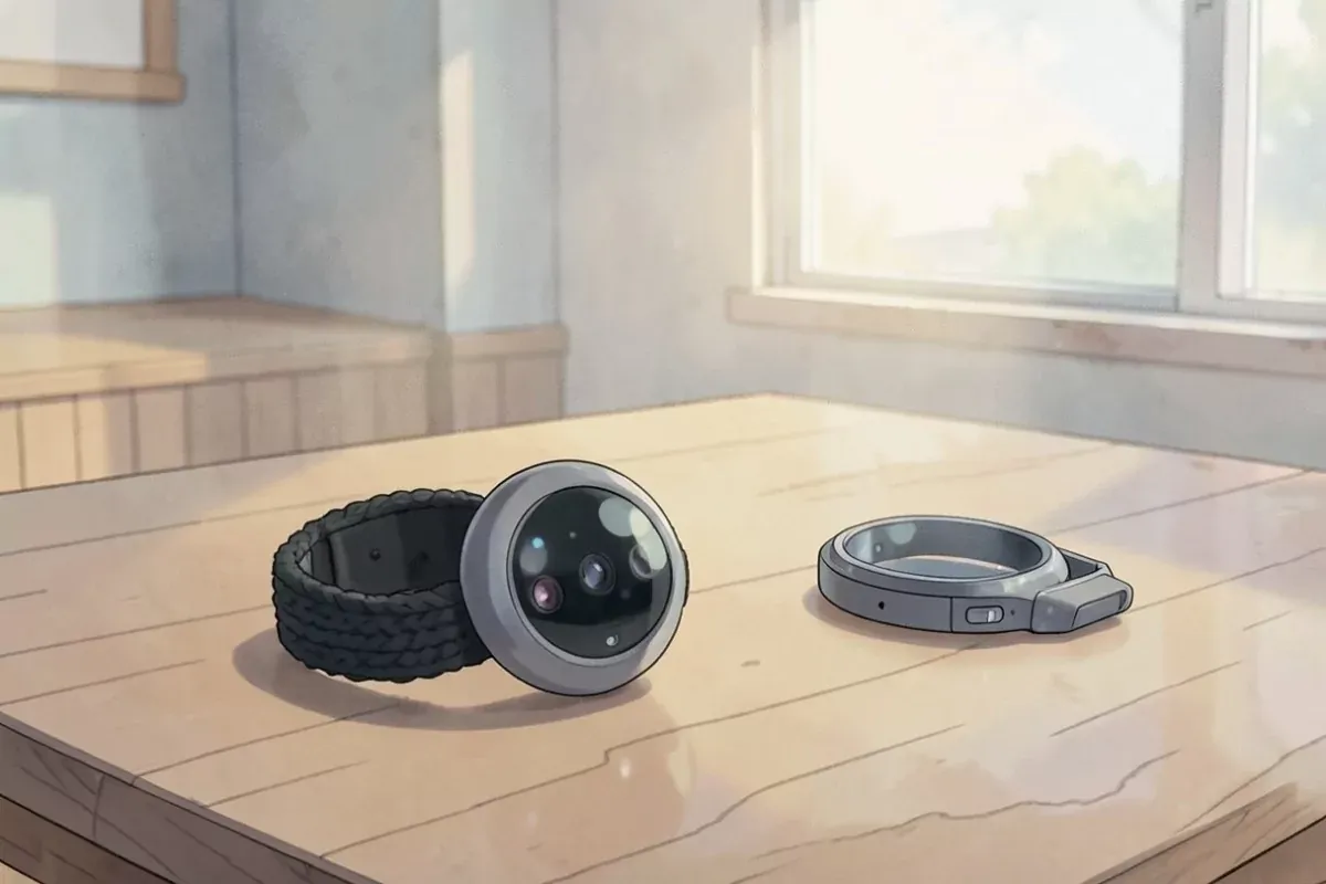 An optical heart rate armband sensor and a fitness watch on a wooden table