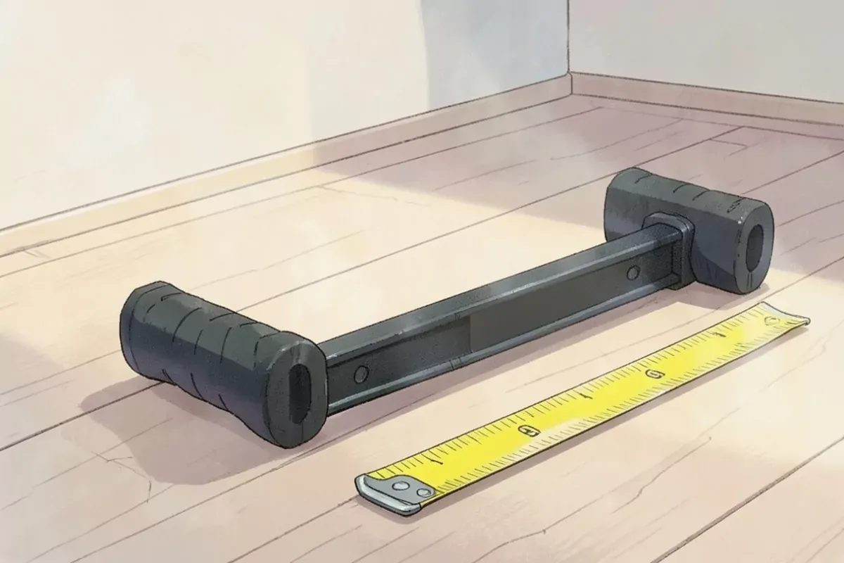 A doorway pull up bar lying on a wooden floor next to a tape measure