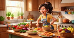 balanced eating tips fight fatigue boost daily energy 3D animation kitchen