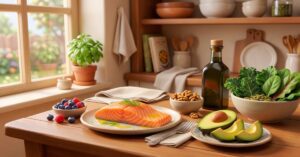 heart-healthy foods reduce cardiovascular risk 3D animation kitchen table
