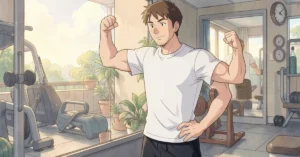 bulking vs cutting - is flexing in front of a gym mirror, checking his physique after a workout - Studio Ghibli anime illustr