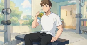 electrolyte drinks for muscle cramps - is drinking a glass of homemade electrolyte drink after a workout, sitting on a gym be