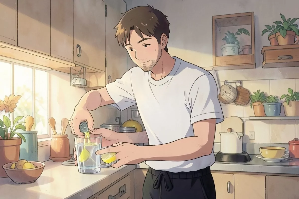 is squeezing lemon juice into a glass of water in a kitchen - Studio Ghibli anime illustration