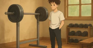 gym plateau - standing next to a barbell rack in a cozy gym, looking thoughtfully at the weight plates like he's stuck on the
