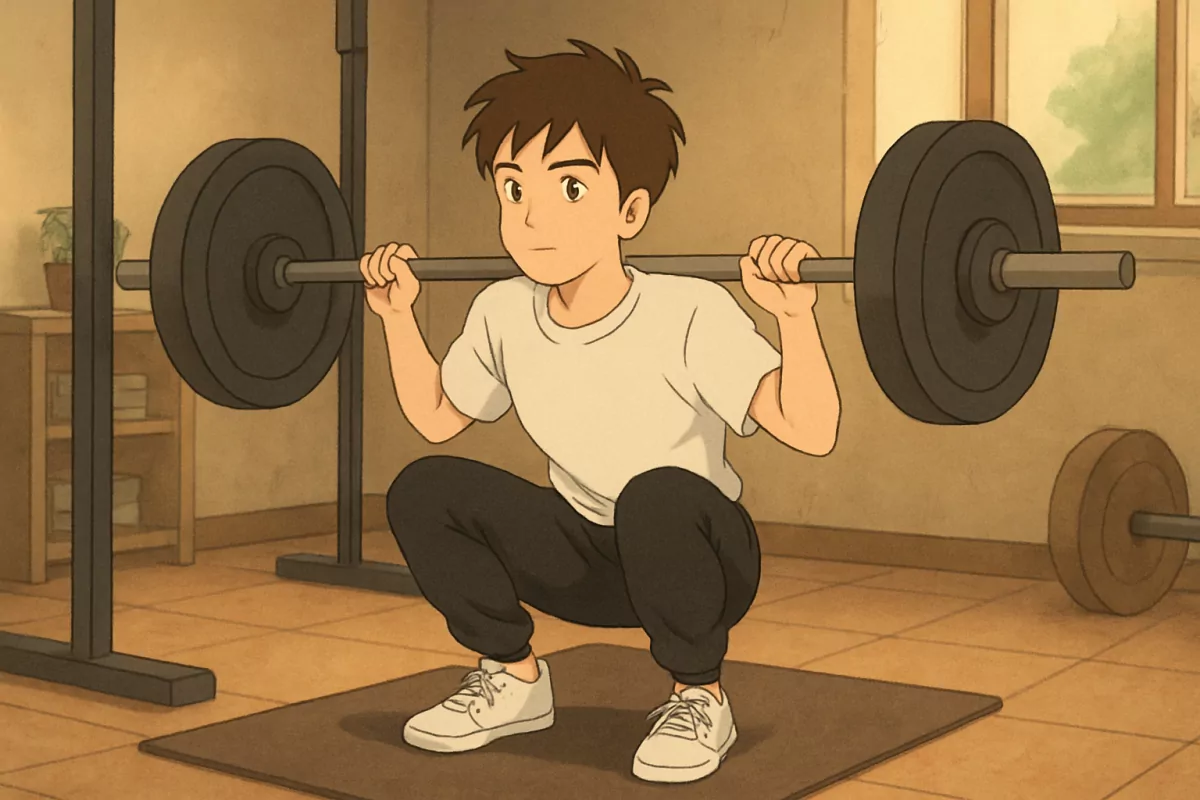 mid-squat with a loaded barbell across his shoulders in a cozy gym corner - Studio Ghibli anime illustration