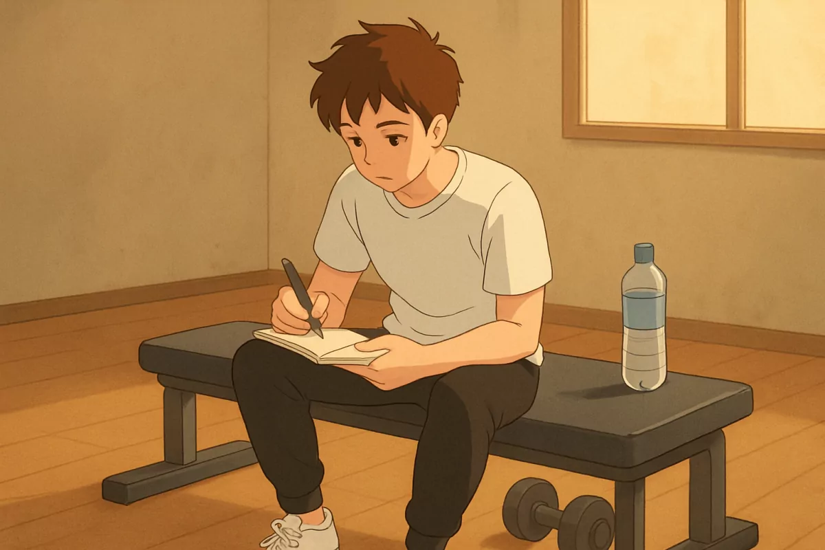 sitting on a gym bench writing in a workout journal next to a water bottle and a pair of dumbbells - Studio Ghibli anime illu