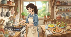 young woman cooking a healthy high-protein lunch, Studio Ghibli anime illustration