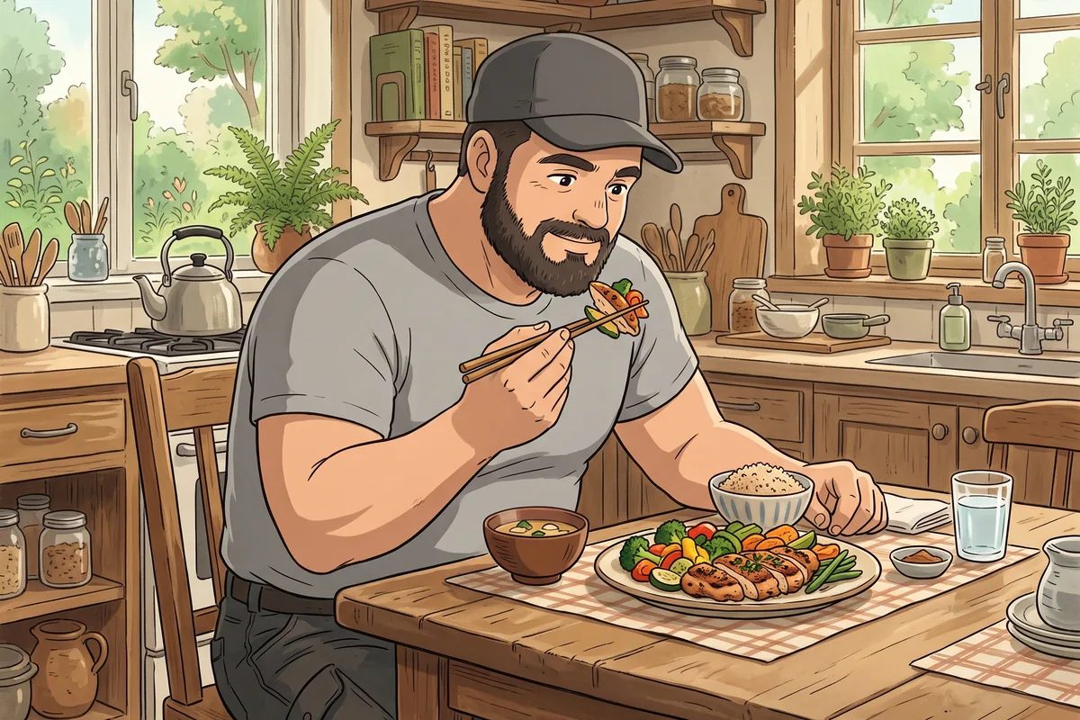 man eating a high protein meal with grilled chicken and vegetables