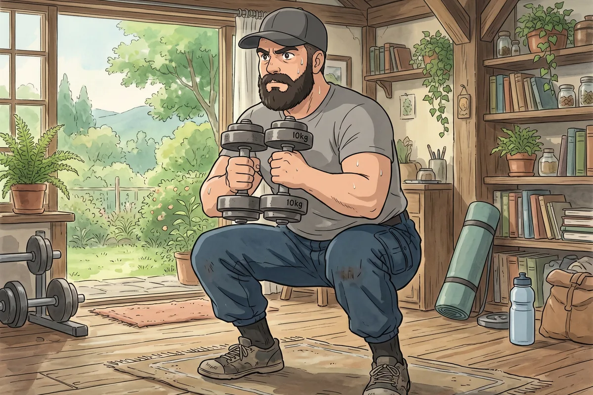 man doing a leg workout with dumbbells at home