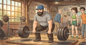 weak looking guy calmly lifting a heavy barbell while other gym-goers stare in surprise